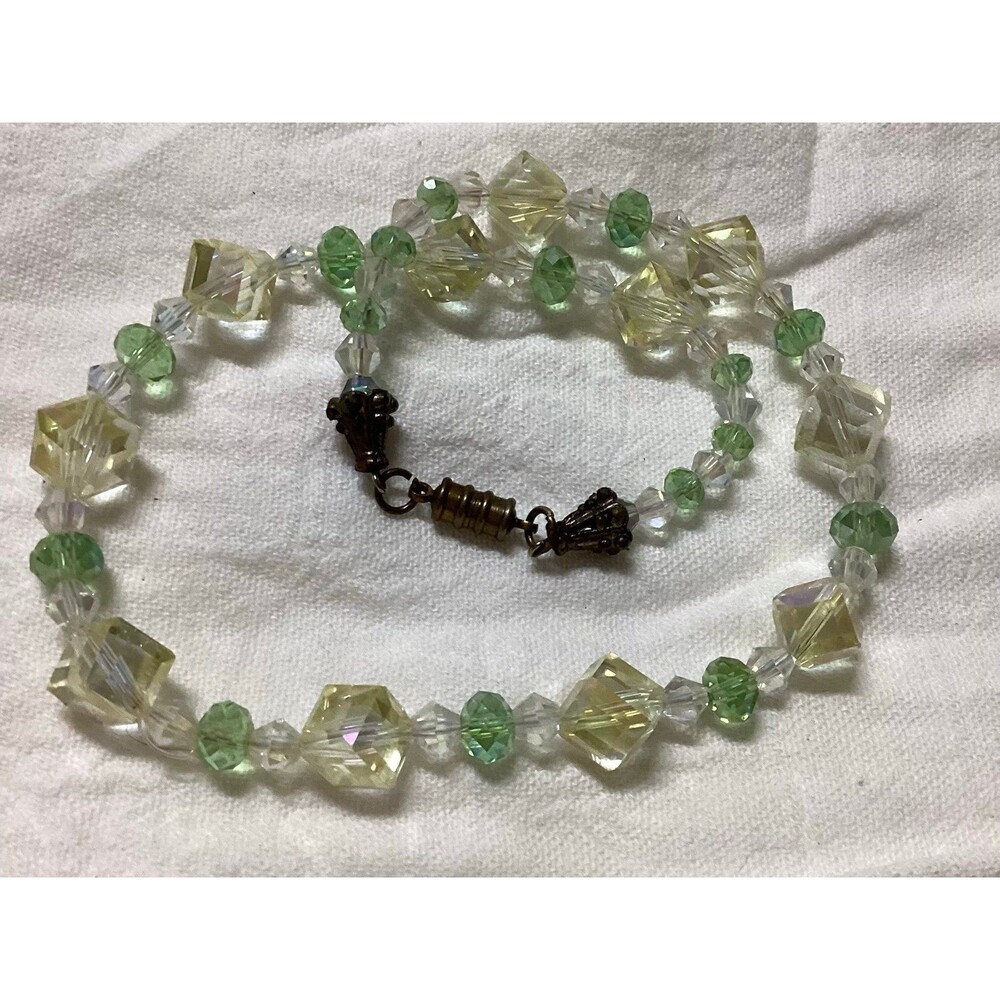 Necklace with Multicolored Green/ Yellow Sparkling Glass Beads & Magnetic Clasp